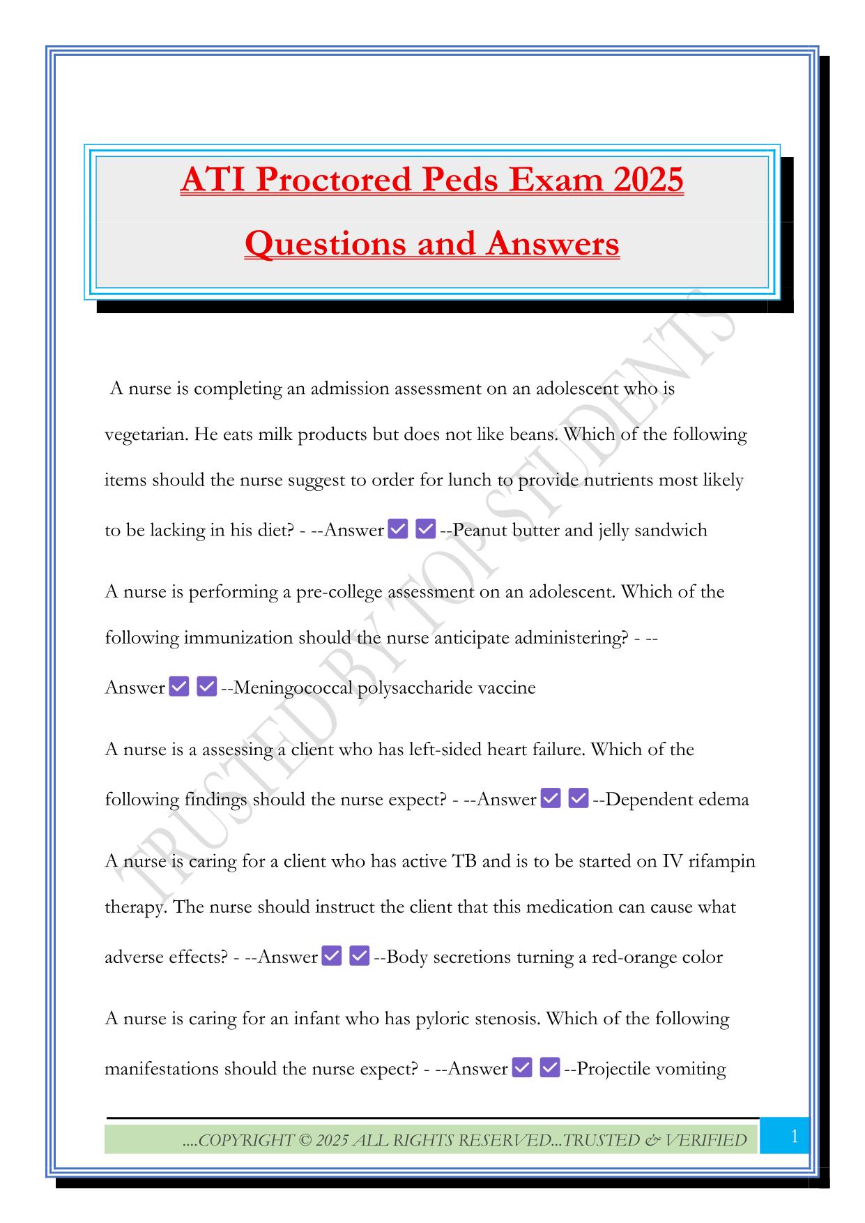 ATI Proctored Peds Exam 2025 Questions and Answers