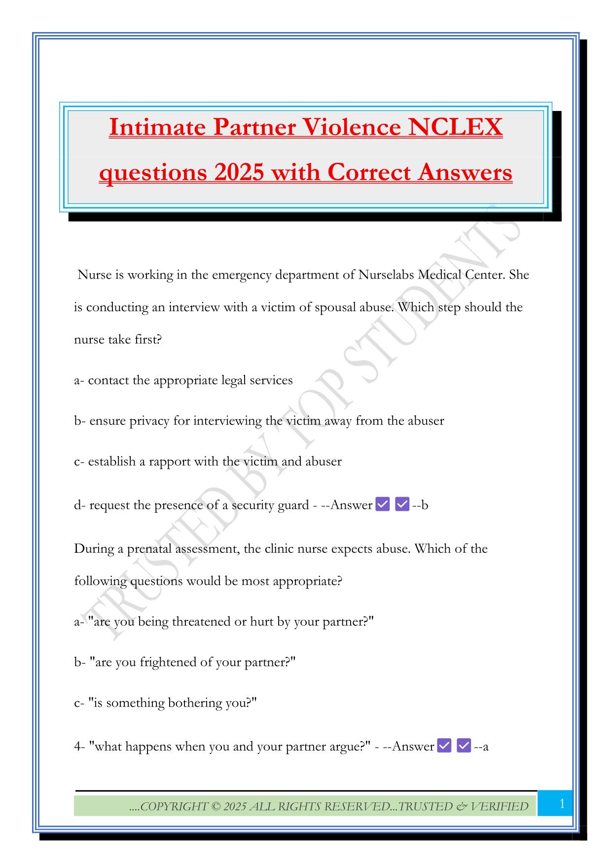 Intimate Partner Violence NCLEX questions 2025 with Correct AnswersIntimate Partner Violence NCLEX questions 2025 with Correct Answers