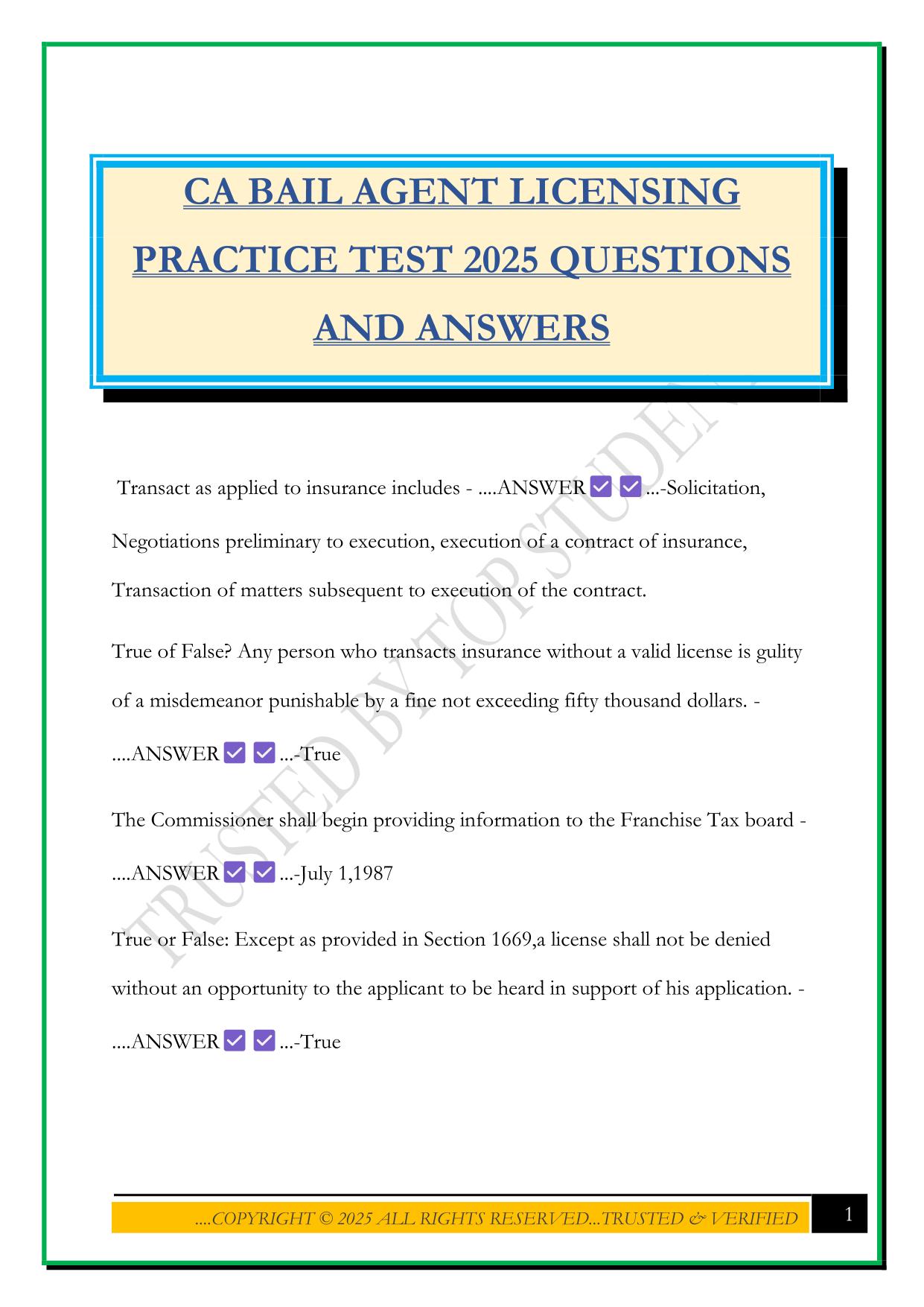 CA BAIL AGENT LICENSING PRACTICE TEST 2025 QUESTIONS AND ANSWERS