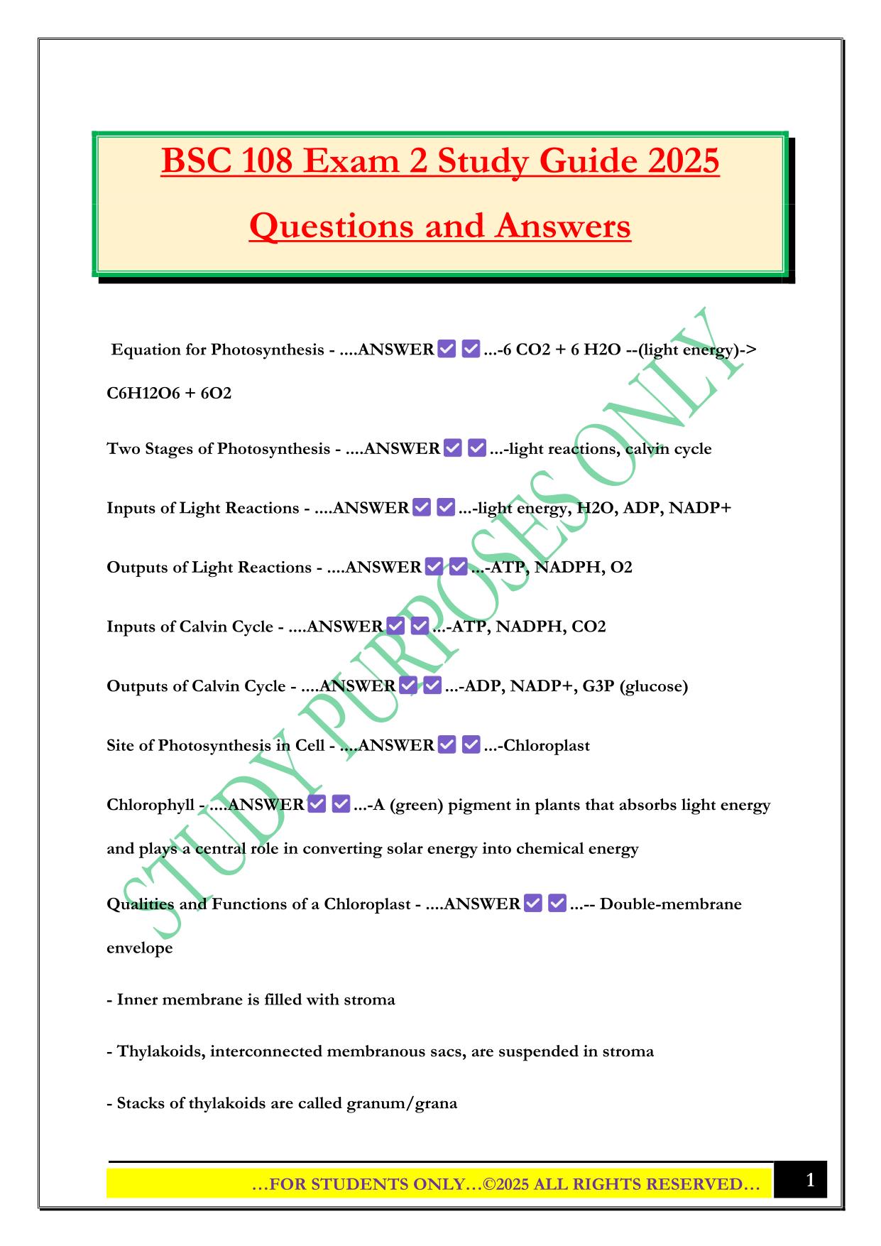 BSC 108 Exam 2 Study Guide 2025 Questions and Answers
