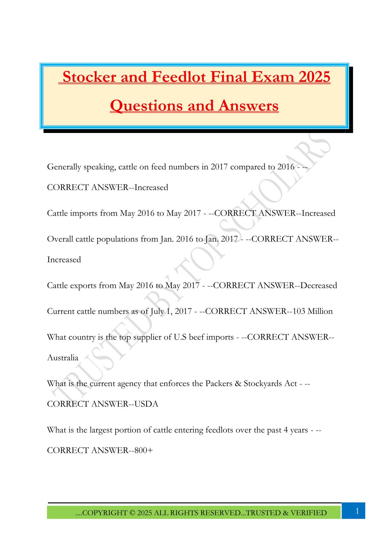 Stocker and Feedlot Final Exam 2025 Questions and Answers