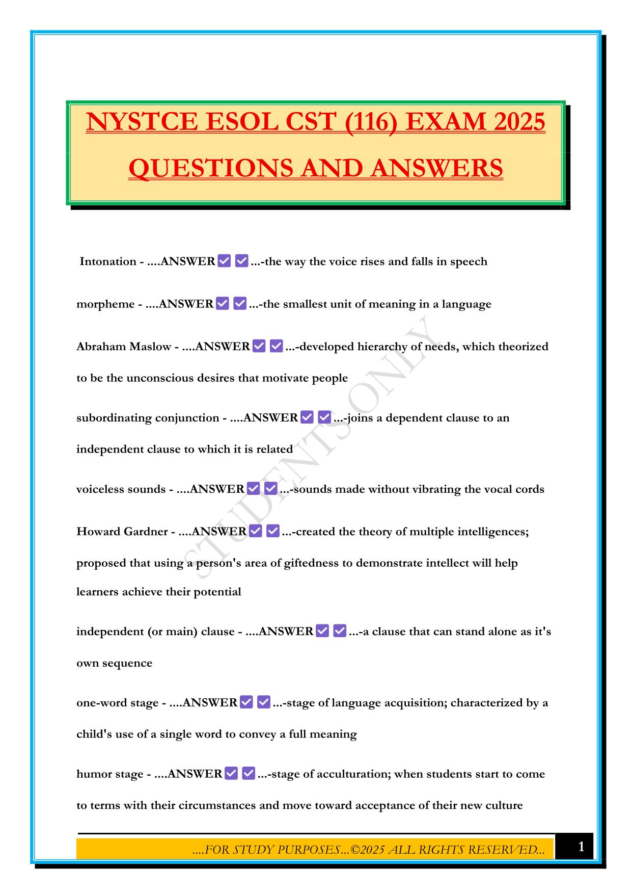 NYSTCE ESOL CST (116) EXAM 2025 QUESTIONS AND ANSWERS