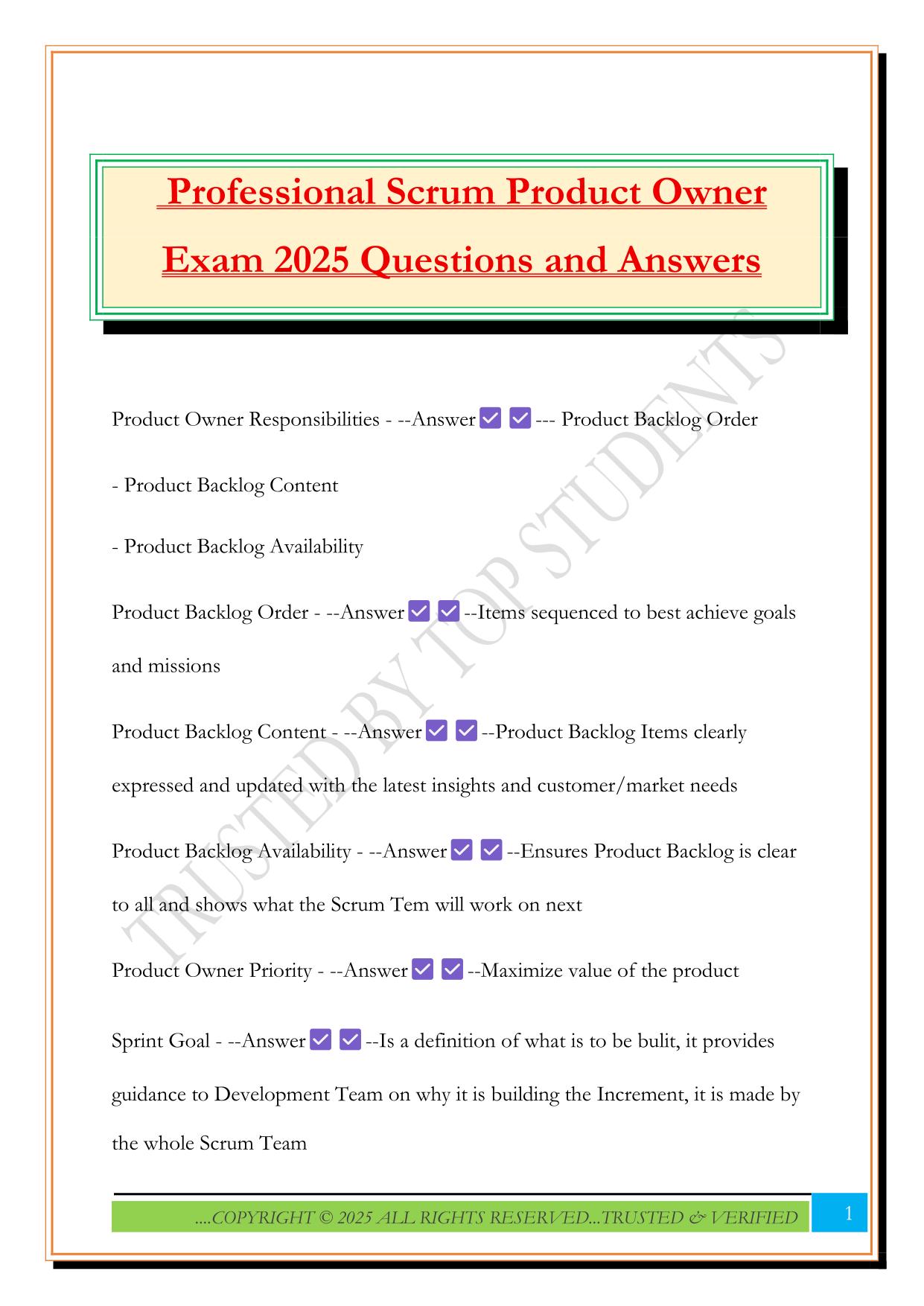 Professional Scrum Product Owner Exam 2025 Questions and Answers