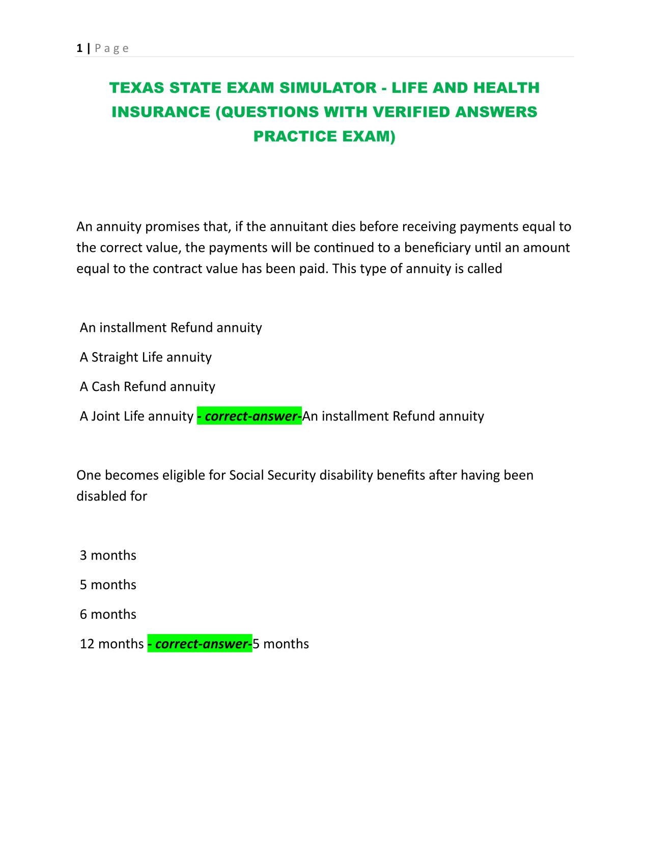 TEXAS STATE EXAM SIMULATOR - LIFE AND HEALTH INSURANCE (QUESTIONS WITH VERIFIED ANSWERS PRACTICE EXAM)