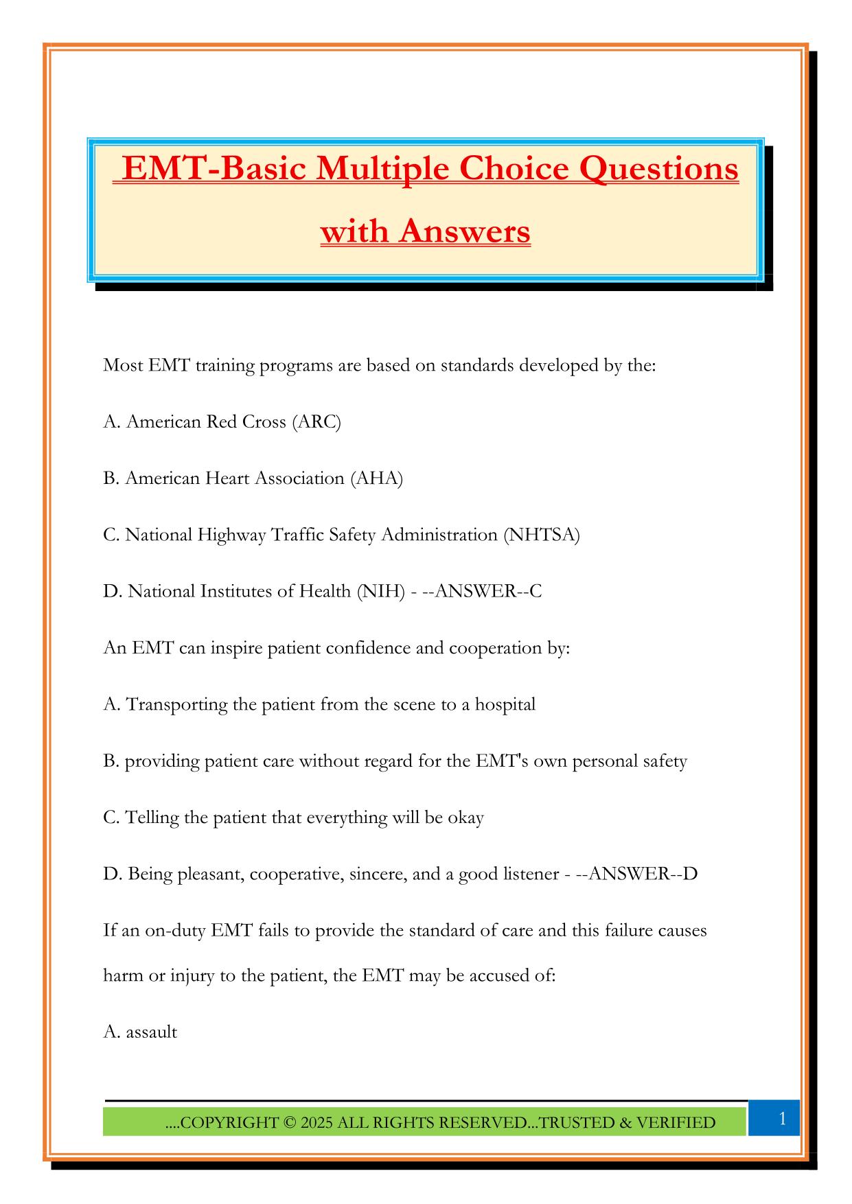 EMT-Basic Multiple Choice Questions with Answers