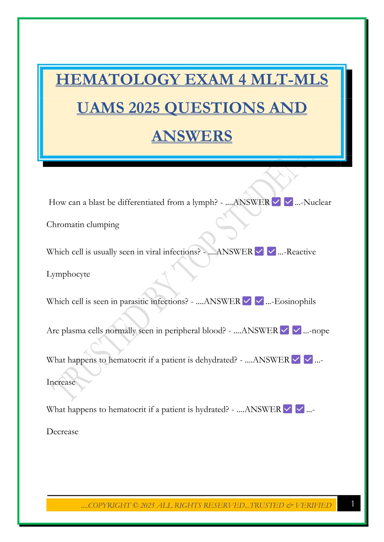 HEMATOLOGY EXAM 4 MLT-MLS UAMS 2025 QUESTIONS AND ANSWERS