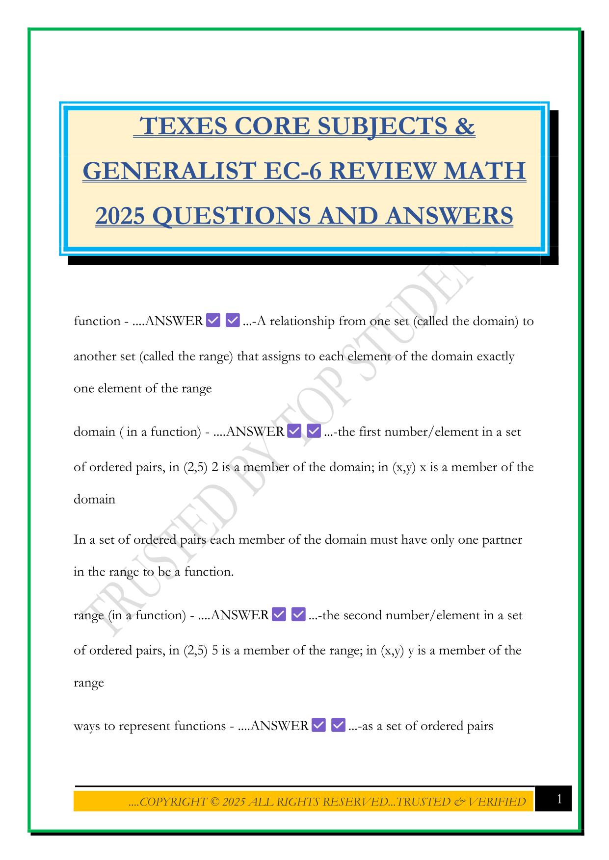 TEXES CORE SUBJECTS & GENERALIST EC-6 REVIEW MATH 2025 QUESTIONS AND ANSWERS