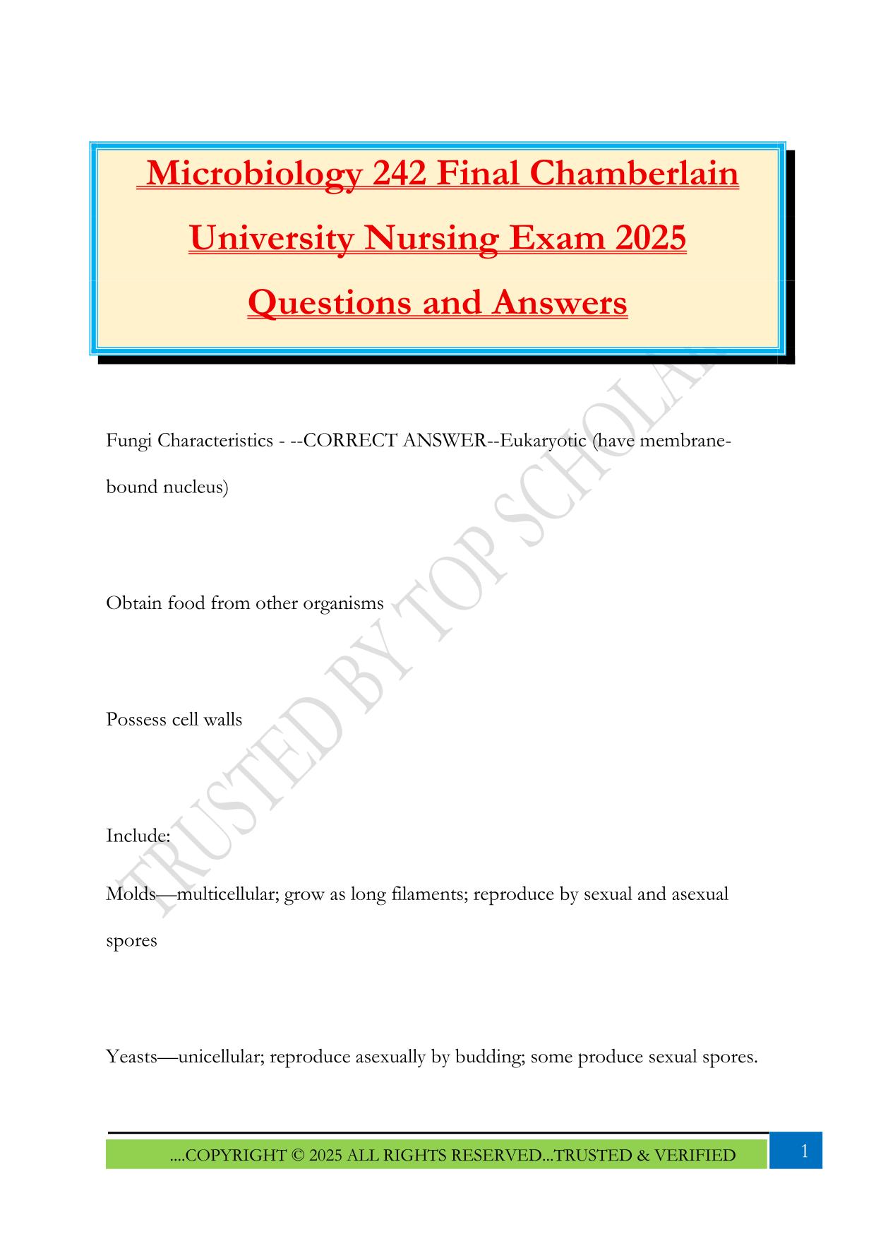 Microbiology 242 Final Chamberlain University Nursing Exam 2025 Questions and Answers