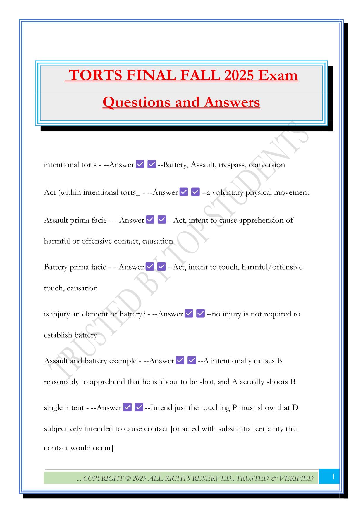 TORTS FINAL FALL 2025 Exam Questions and Answers