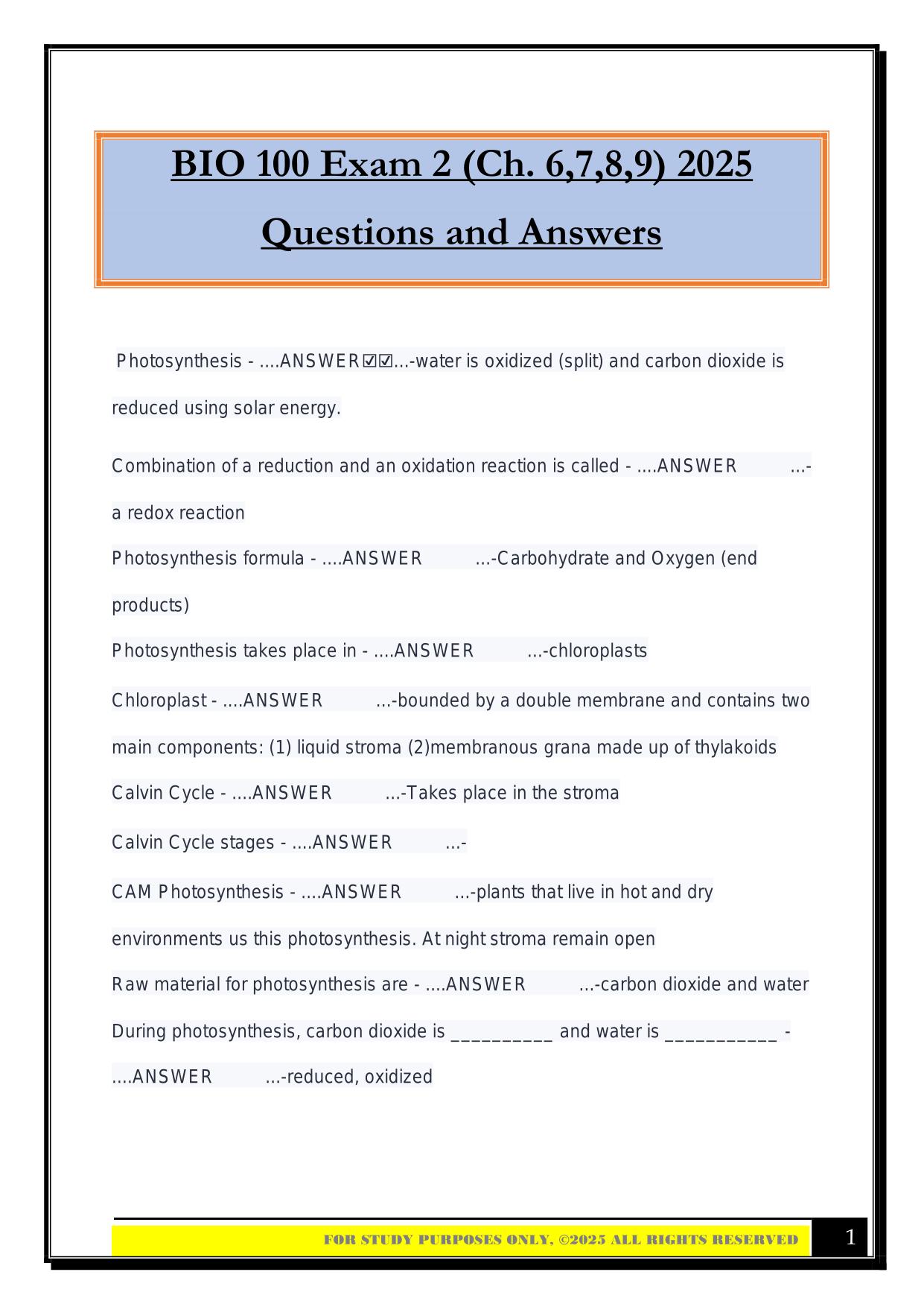 BIO 100 Exam 2 (Ch. 6,7,8,9) 2025 Questions and Answers