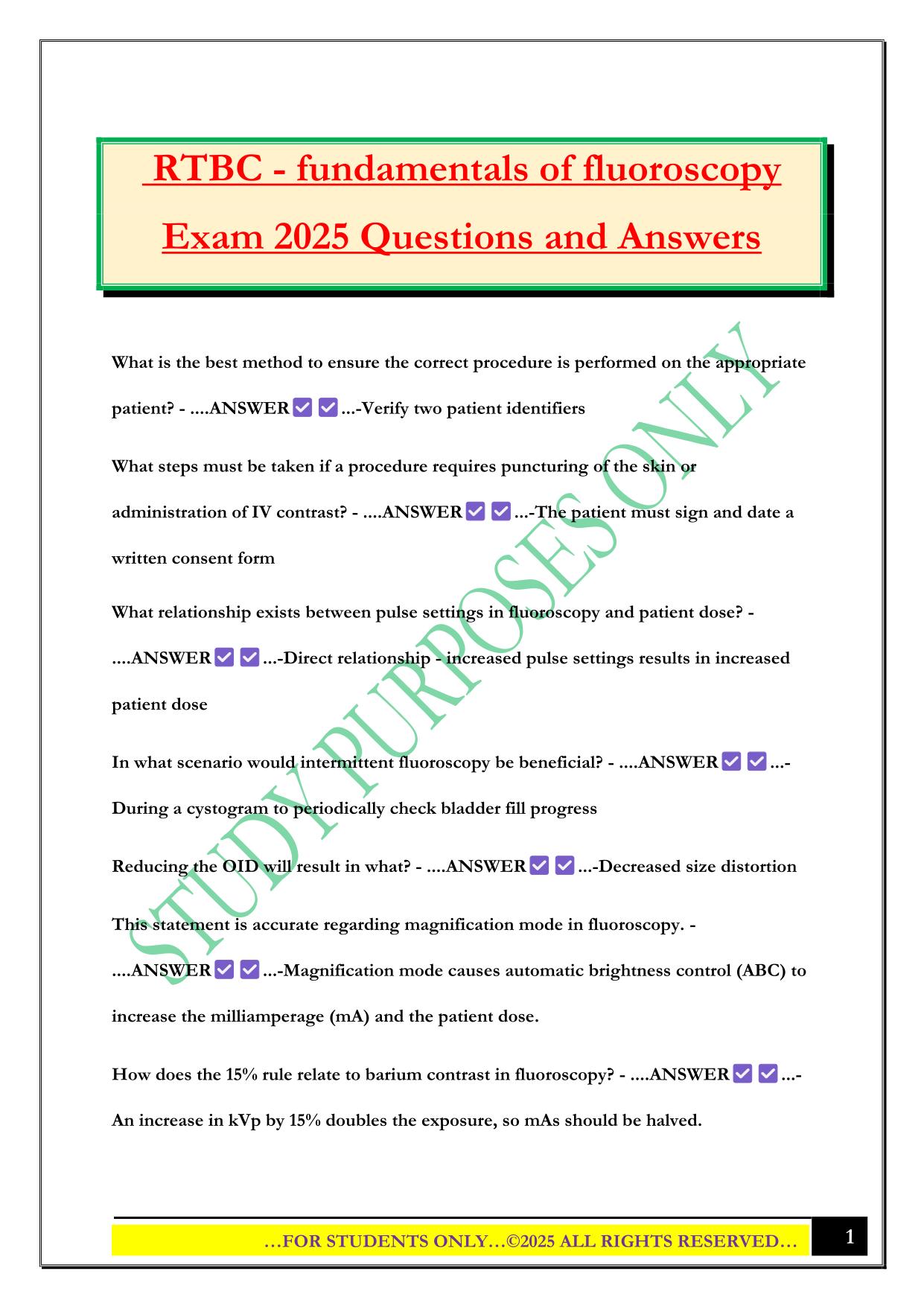 RTBC - fundamentals of fluoroscopy Exam 2025 Questions and Answers