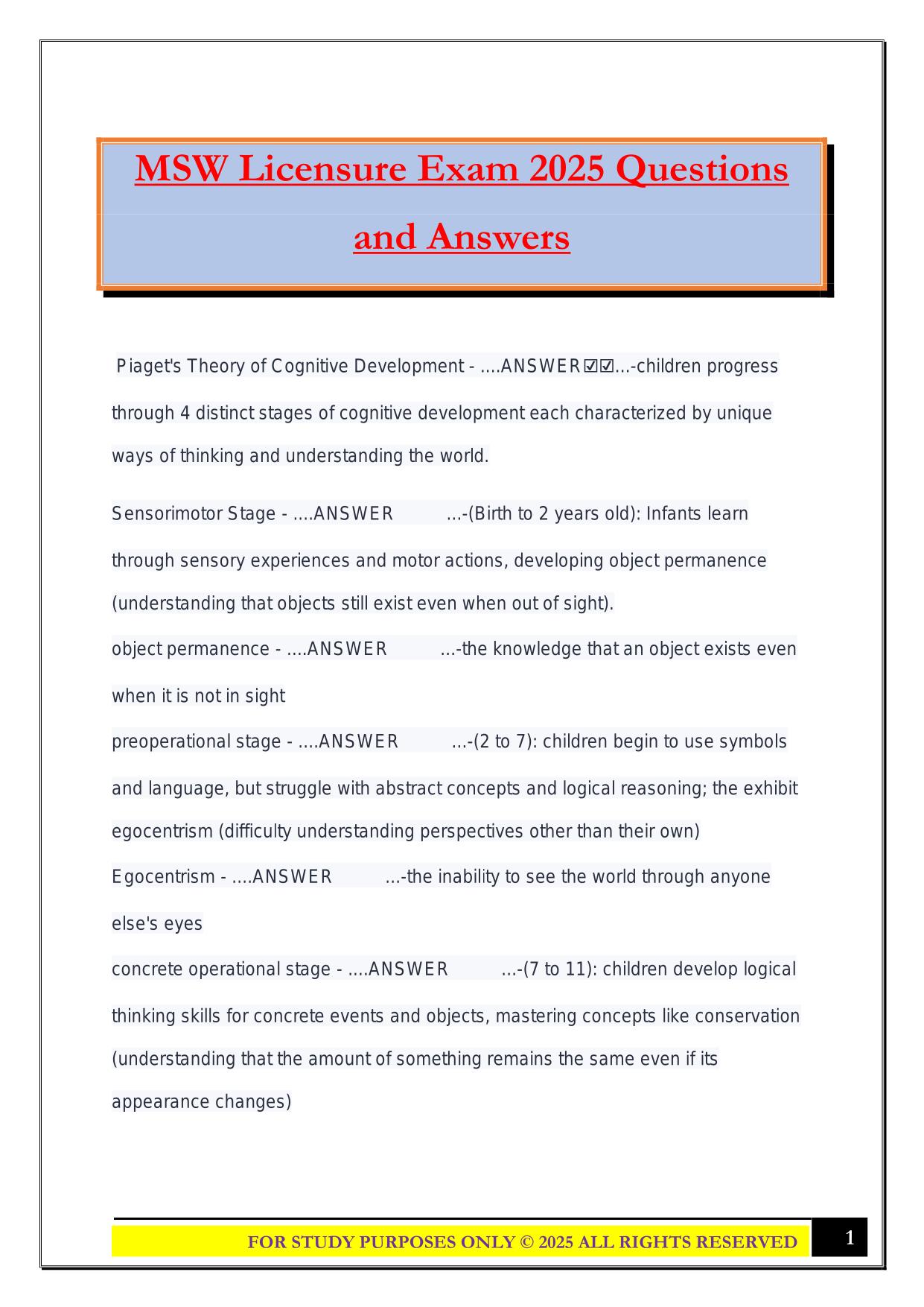 MSW Licensure Exam 2025 Questions and Answers
