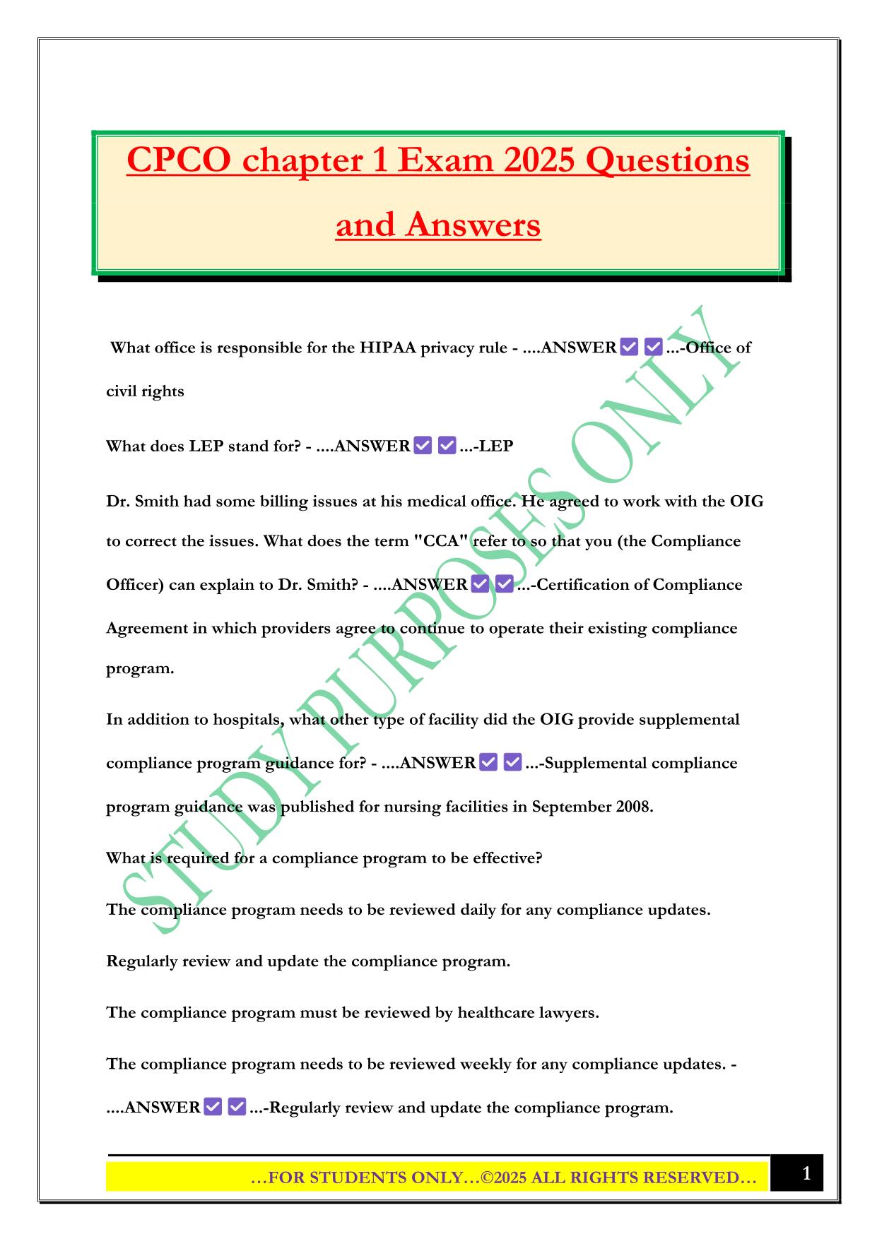 CPCO chapter 1 Exam 2025 Questions and Answers