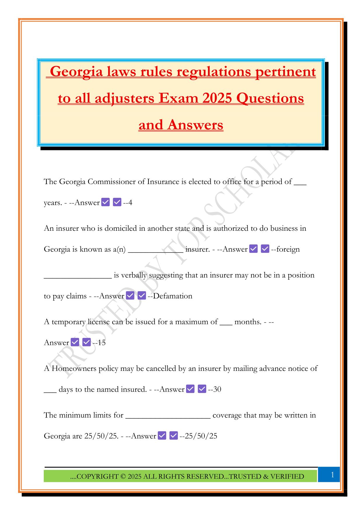 Georgia laws rules regulations pertinent to all adjusters Exam 2025 Questions and Answers