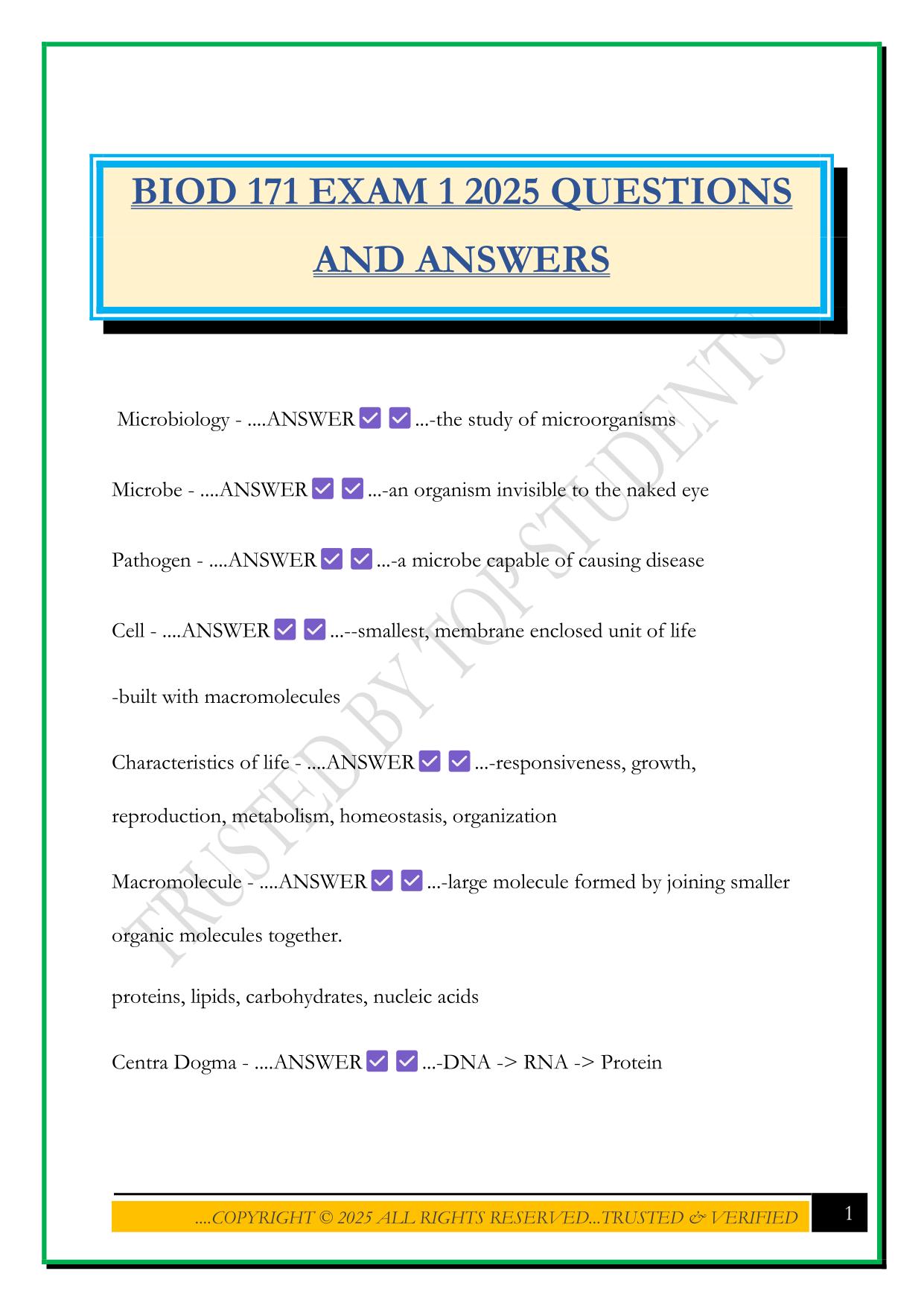 BIOD 171 EXAM 1 2025 QUESTIONS AND ANSWERS