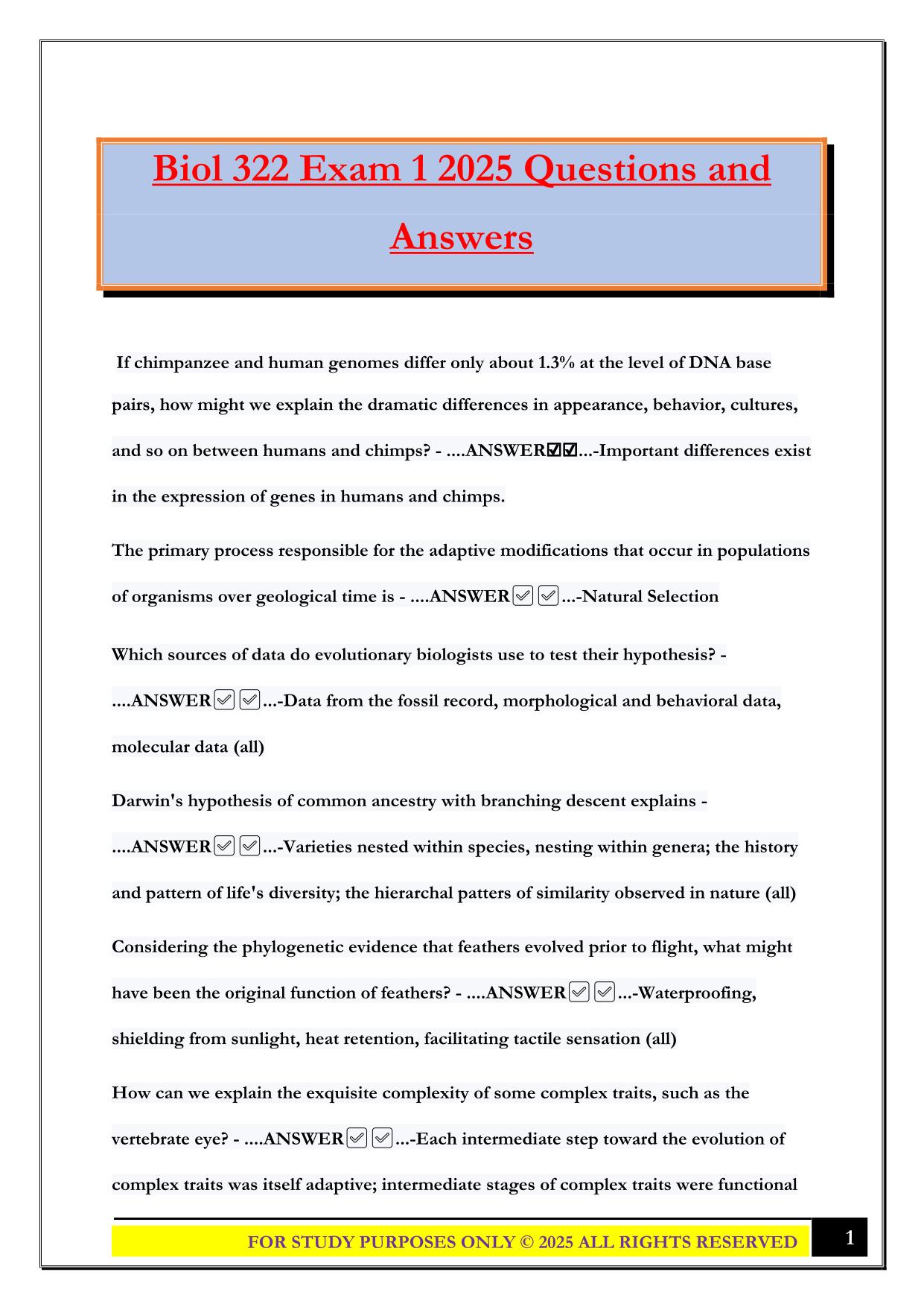 Biol 322 Exam 1 2025 Questions and Answers