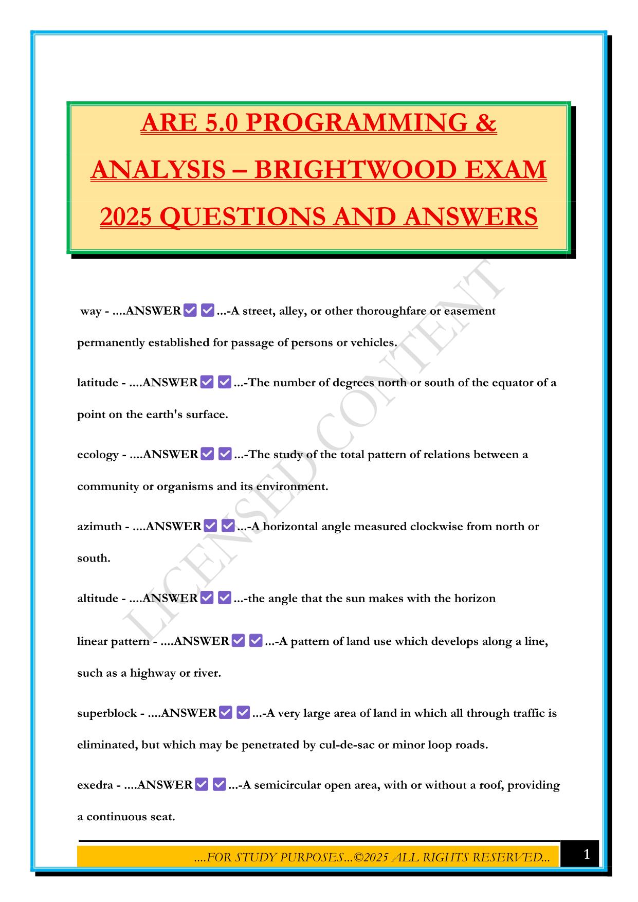 ARE 5.0 PROGRAMMING & ANALYSIS – BRIGHTWOOD EXAM 2025 QUESTIONS AND ANSWERS
