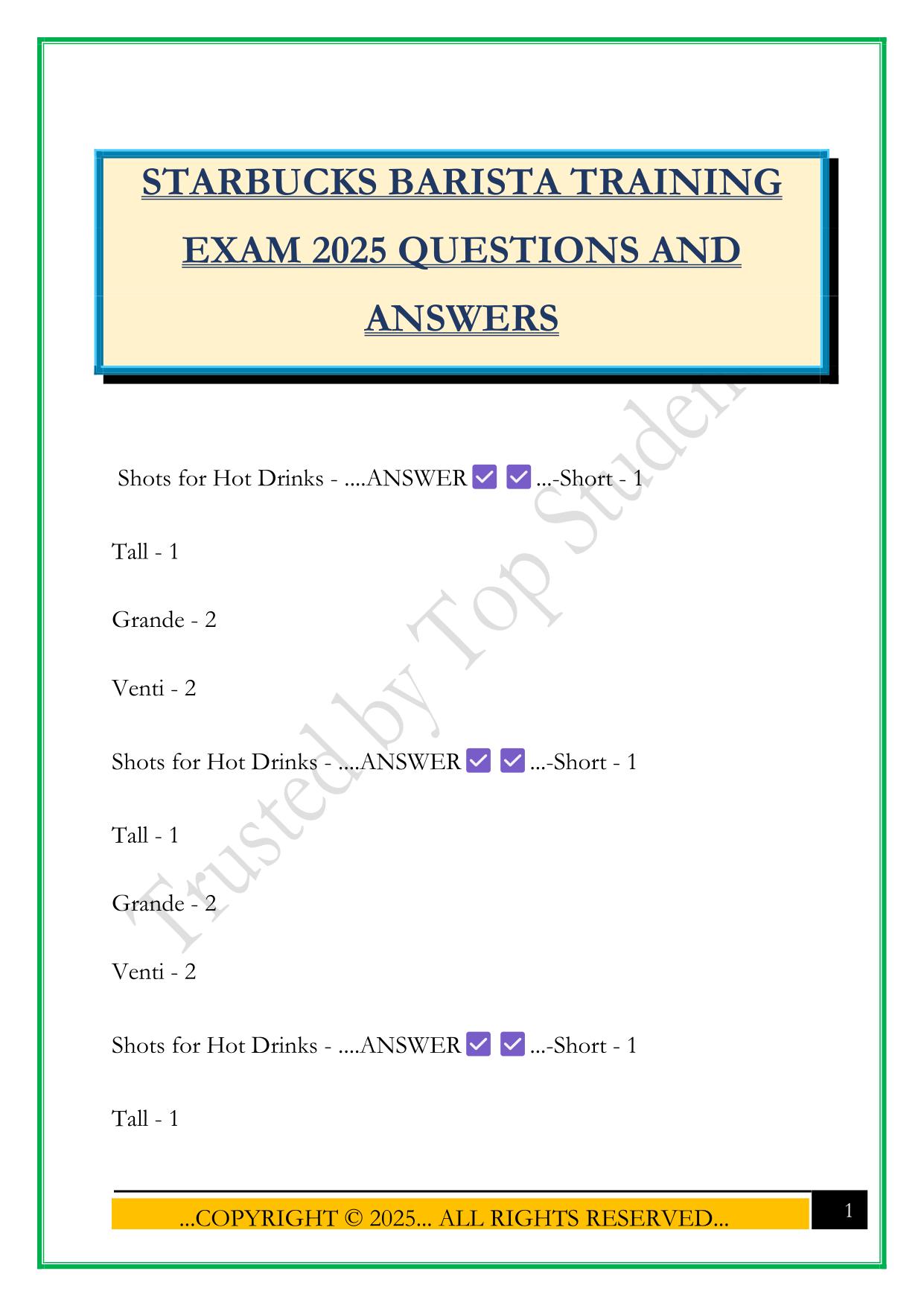 STARBUCKS BARISTA TRAINING EXAM 2025 QUESTIONS AND ANSWERS