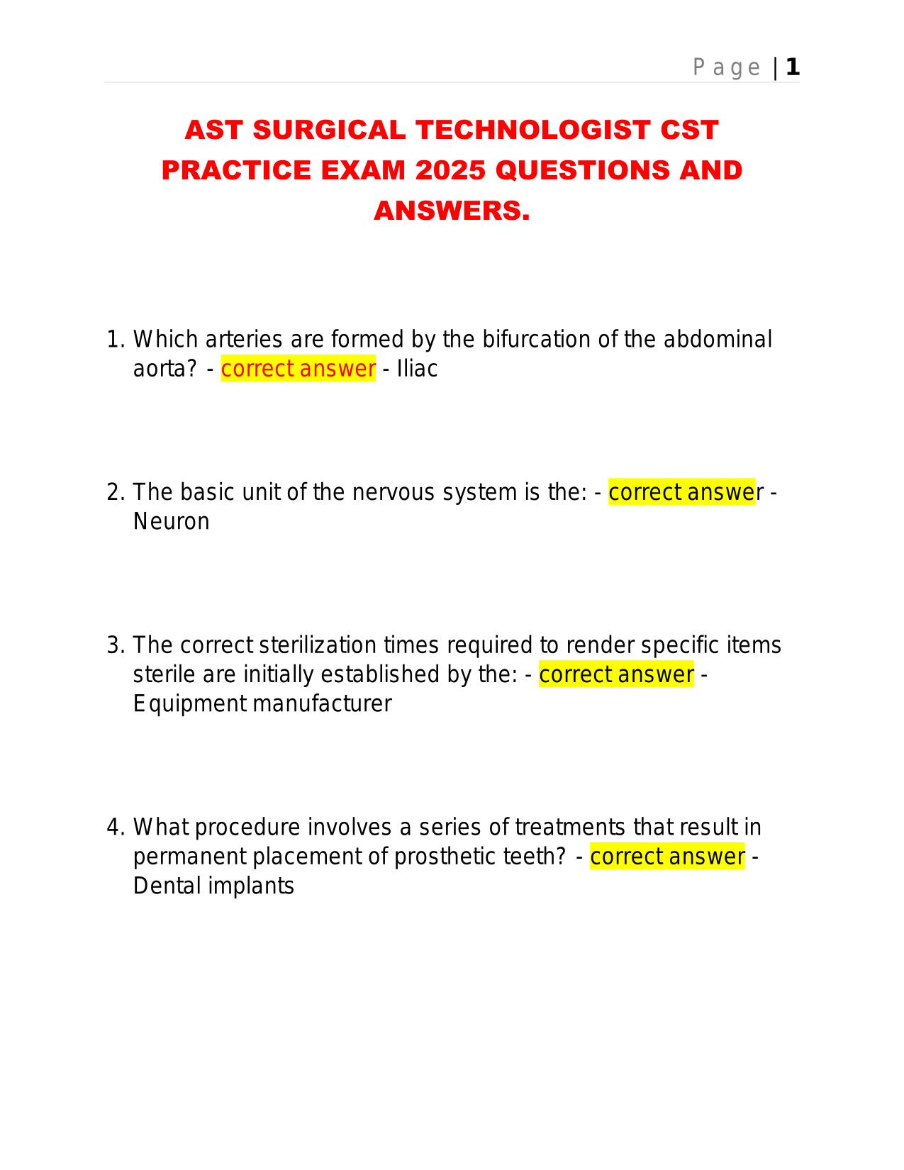 AST SURGICAL TECHNOLOGIST CST PRACTICE EXAM 2025 QUESTIONS AND ANSWERS.