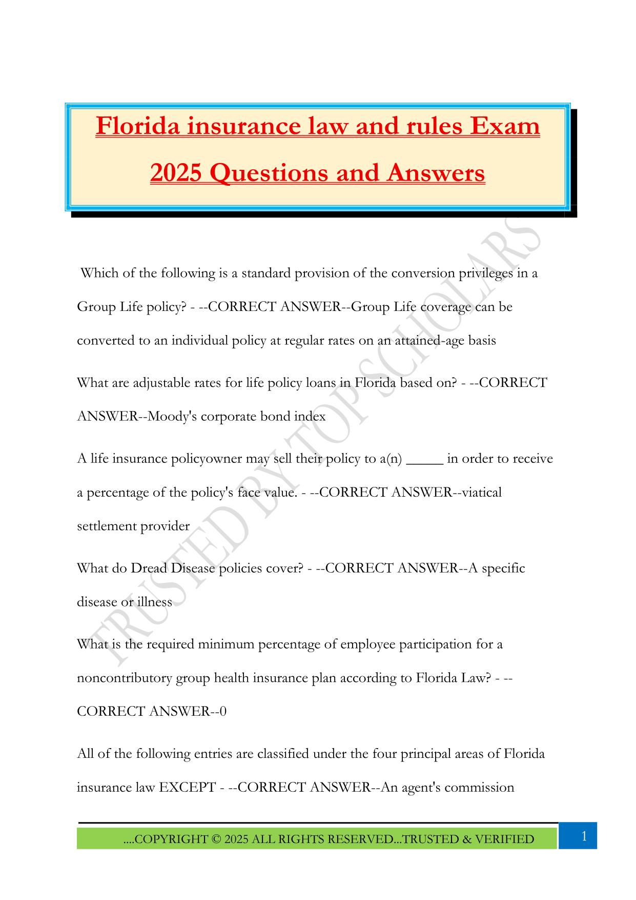 Florida insurance law and rules Exam 2025 Questions and Answers
