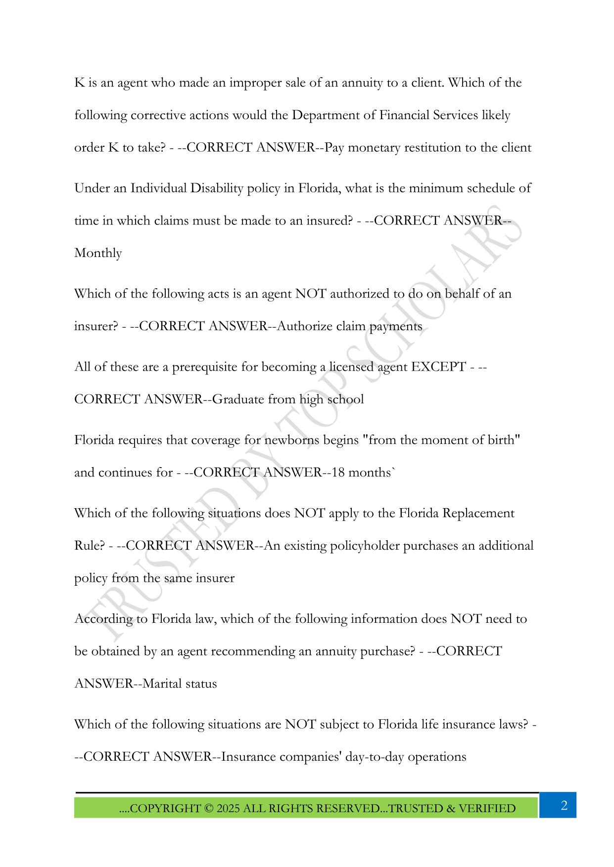 Florida insurance law and rules Exam 2025 Questions and Answers