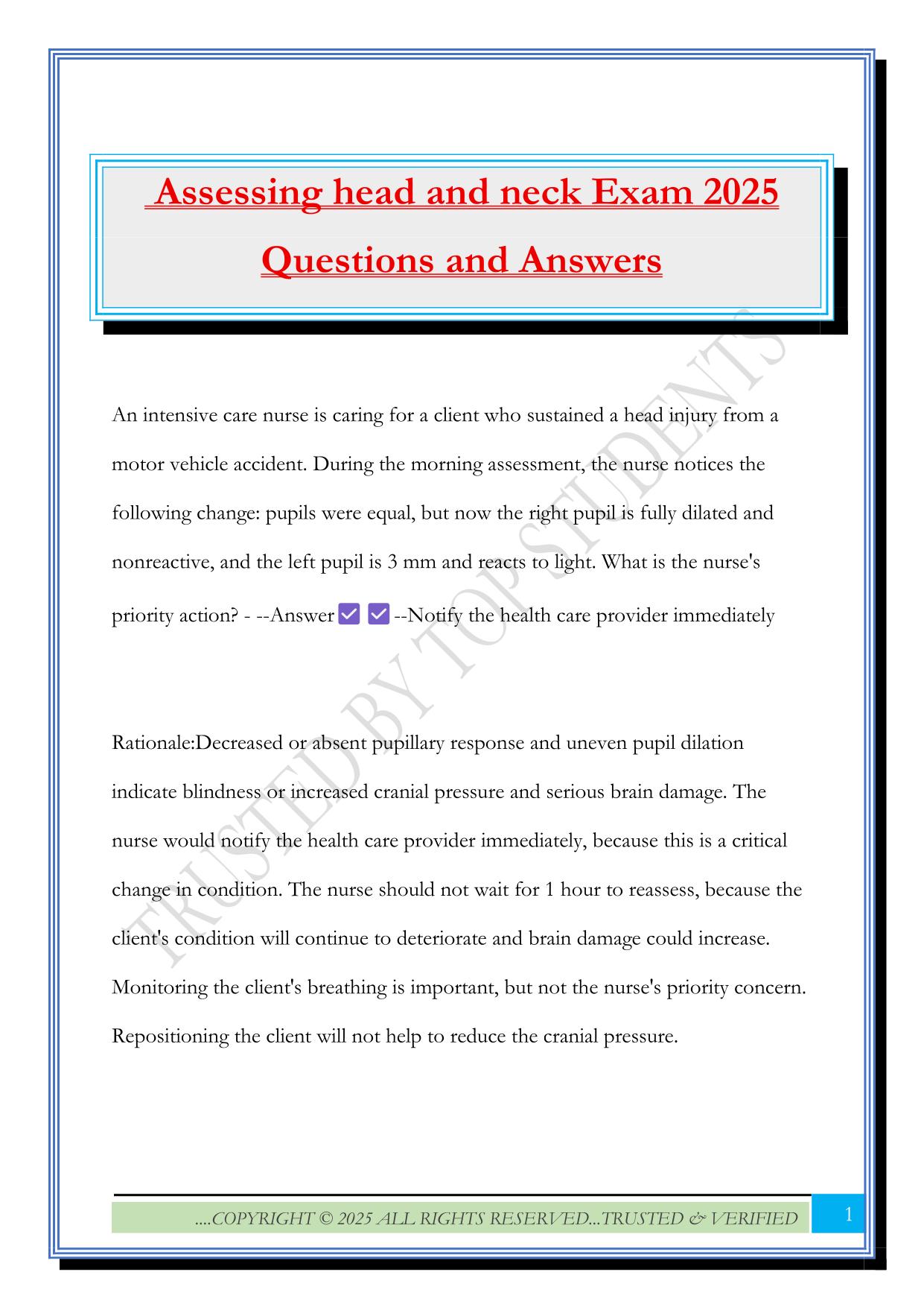 Assessing head and neck Exam 2025 Questions and Answers