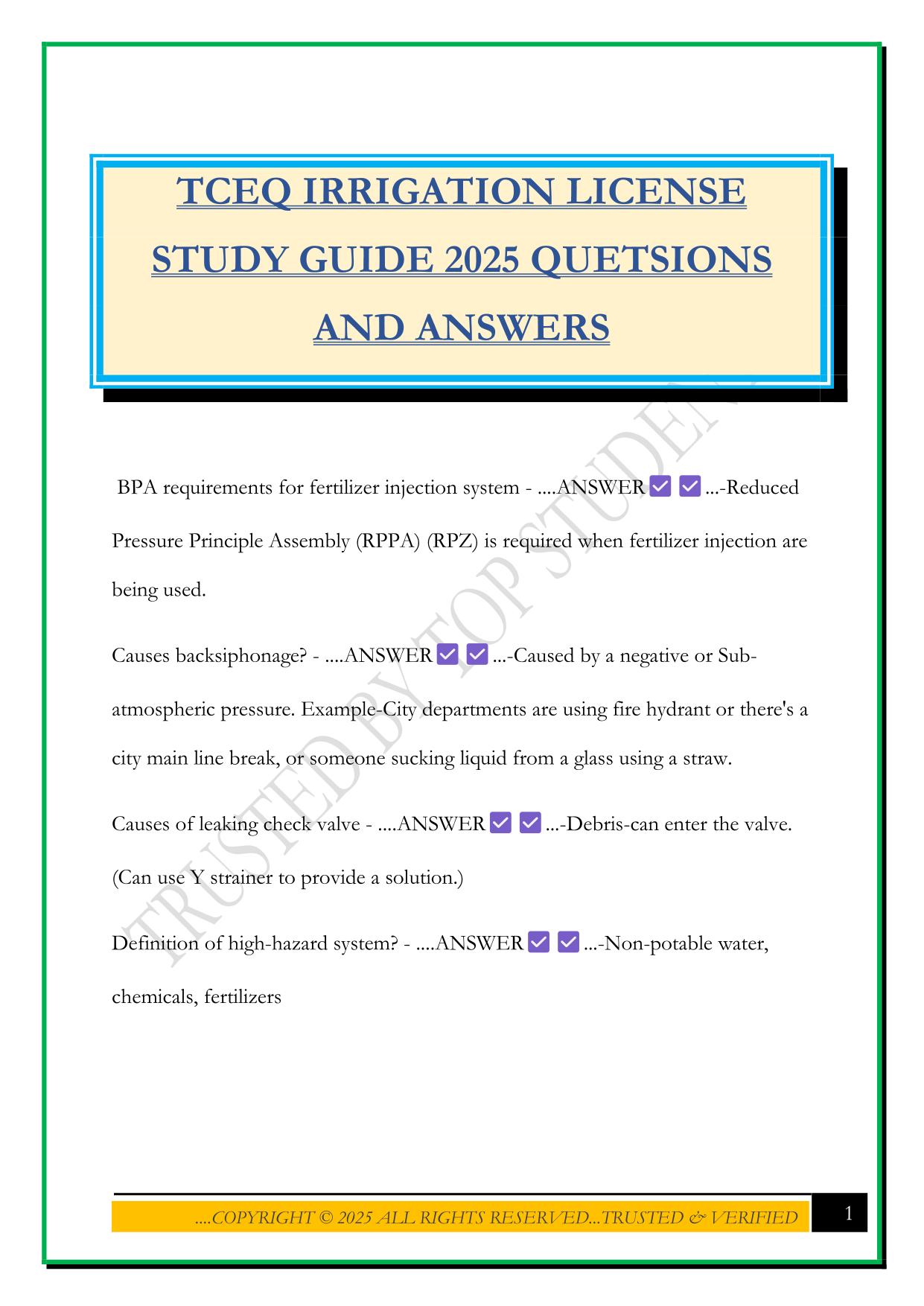 TCEQ IRRIGATION LICENSE STUDY GUIDE 2025 QUETSIONS AND ANSWERS