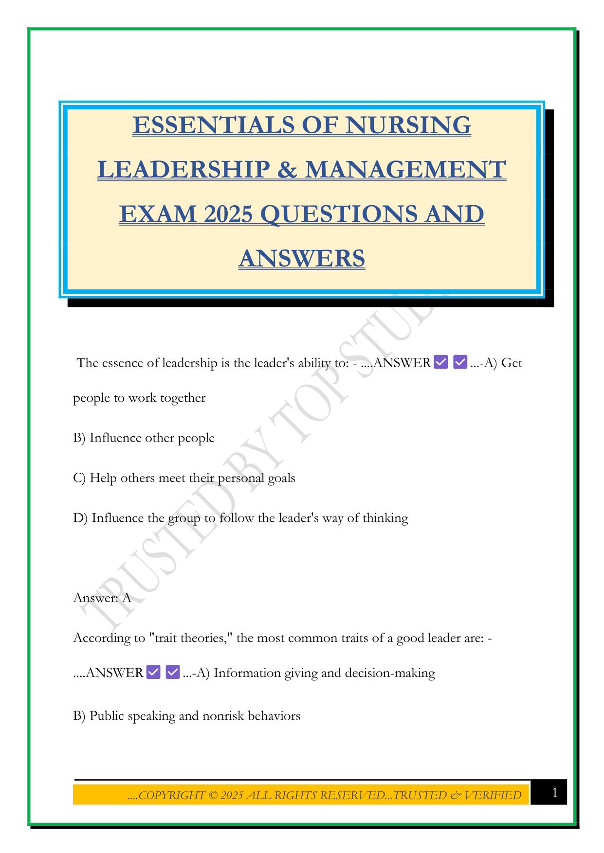 ESSENTIALS OF NURSING LEADERSHIP & MANAGEMENT EXAM 2025 QUESTIONS AND ANSWERS