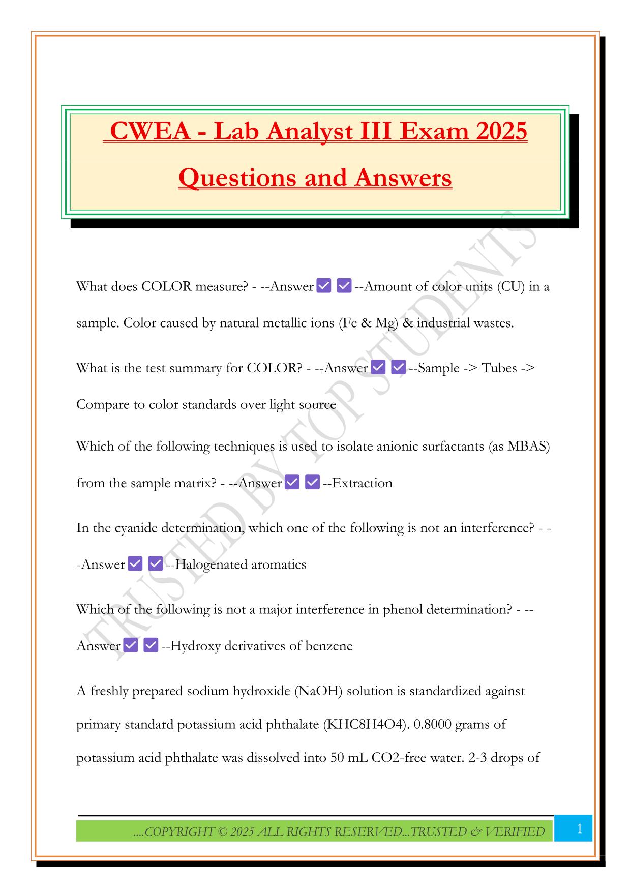 CWEA - Lab Analyst III Exam 2025 Questions and Answers