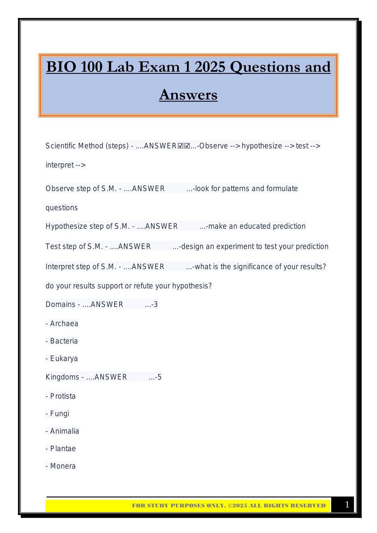 BIO 100 Lab Exam 1 2025 Questions and Answers