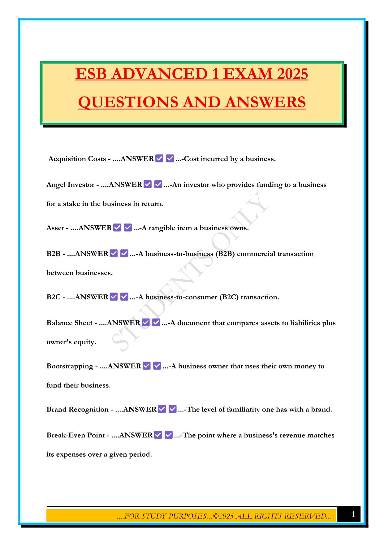 ESB ADVANCED 1 EXAM 2025 QUESTIONS AND ANSWERS