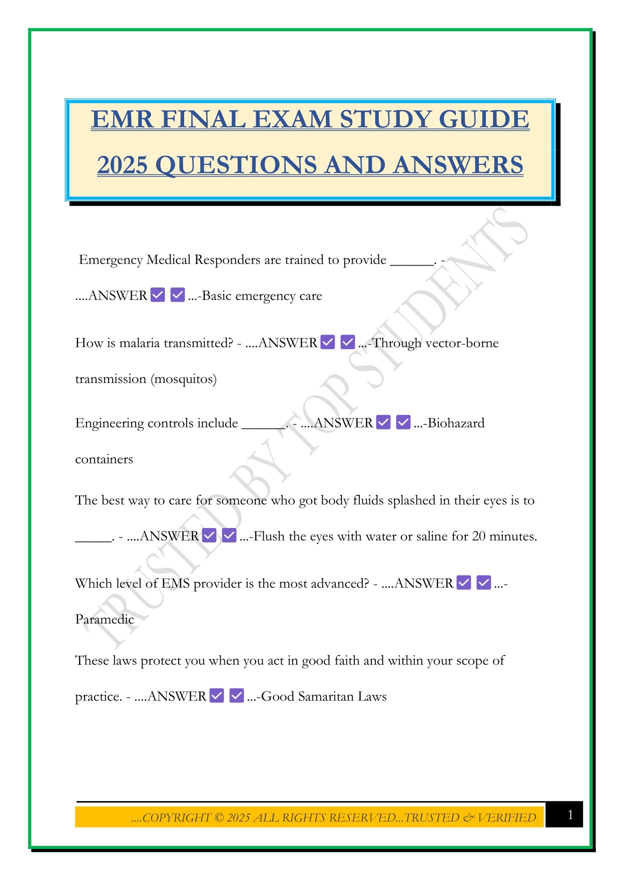 EMR FINAL EXAM STUDY GUIDE 2025 QUESTIONS AND ANSWERS