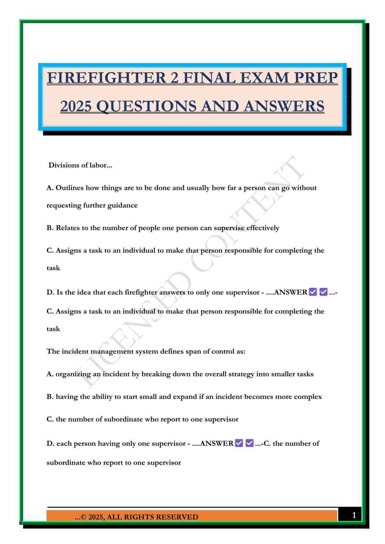 FIREFIGHTER 2 FINAL EXAM PREP 2025 QUESTIONS AND ANSWERS