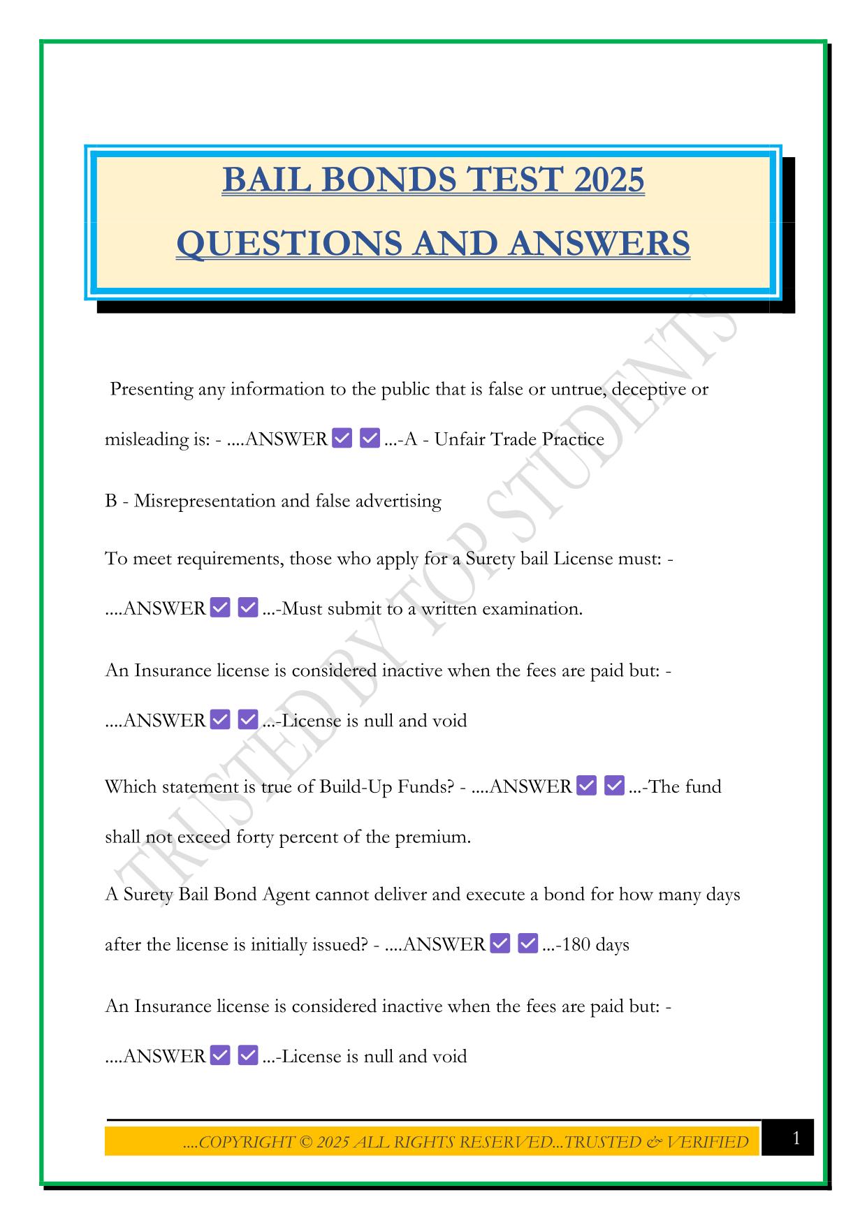 BAIL BONDS TEST 2025 QUESTIONS AND ANSWERS