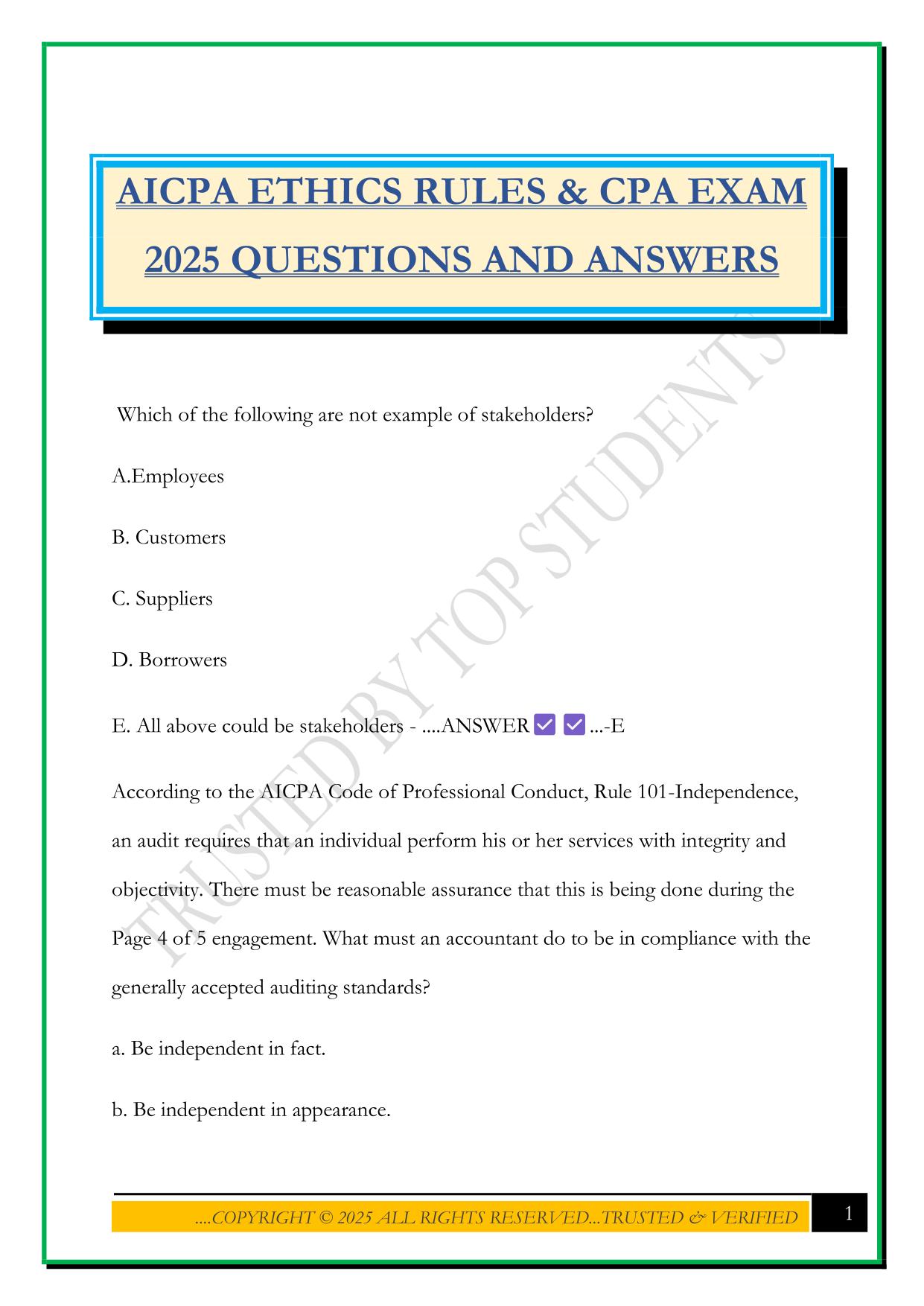 AICPA ETHICS RULES & CPA EXAM 2025 QUESTIONS AND ANSWERS