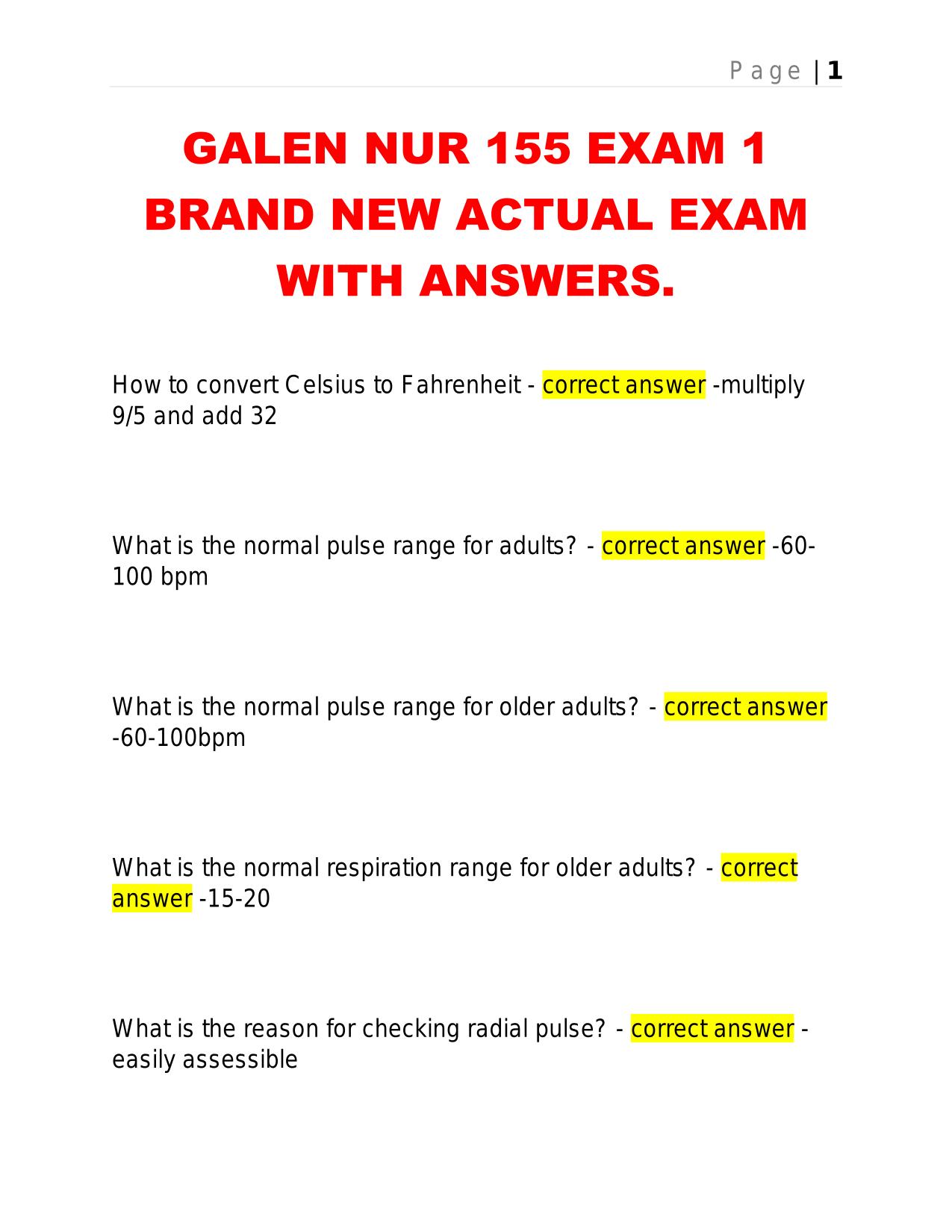 GALEN NUR 155 EXAM 1 BRAND NEW ACTUAL EXAM WITH ANSWERS.