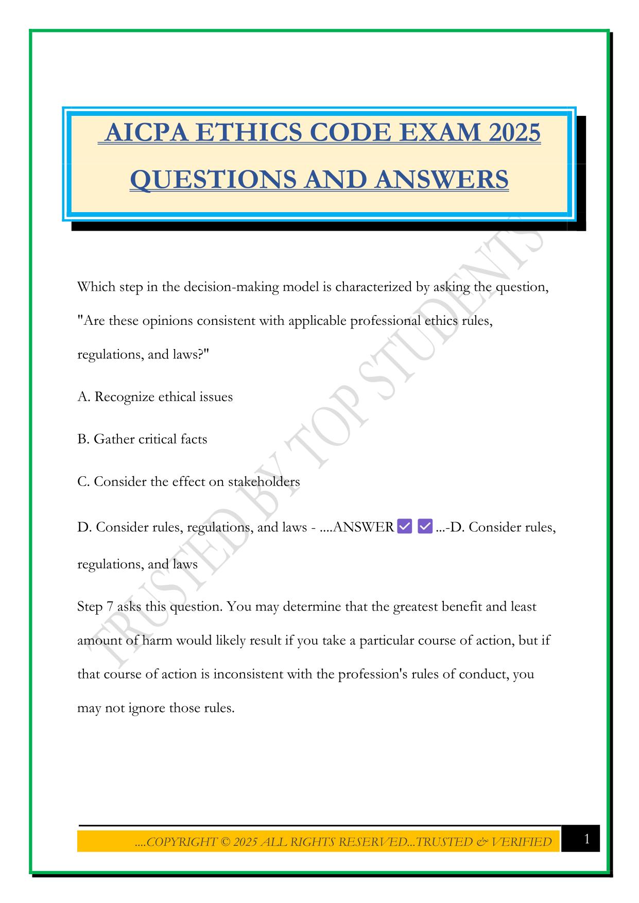 AICPA ETHICS CODE EXAM 2025 QUESTIONS AND ANSWERS
